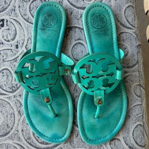 Tory Burch Size 9.5 miller sandals Leather teal logo
